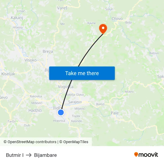 Butmir I to Bijambare map