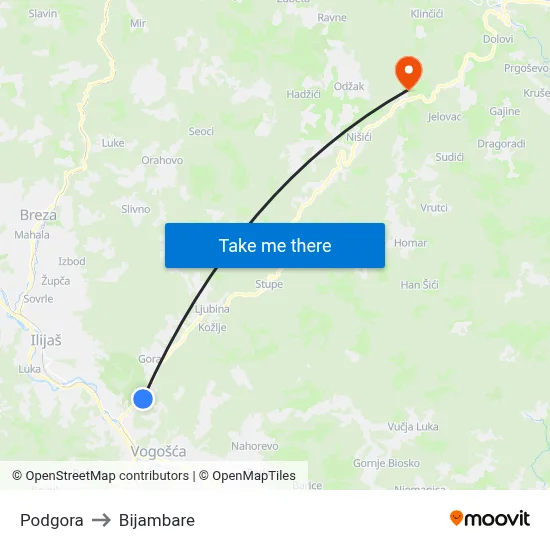 Podgora to Bijambare map