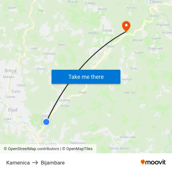 Kamenica to Bijambare map