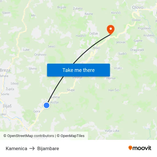 Kamenica to Bijambare map