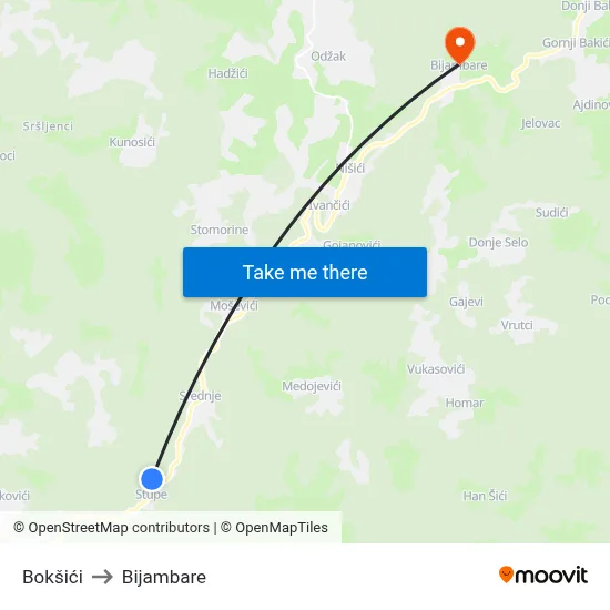 Bokšići to Bijambare map