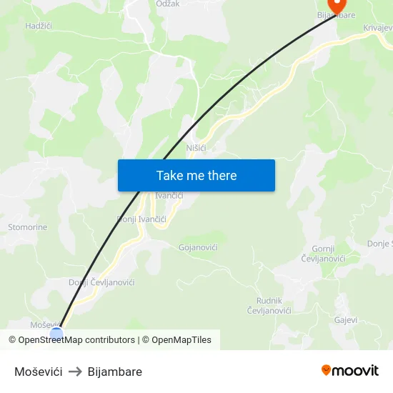Moševići to Bijambare map