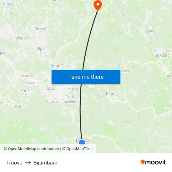 Trnovo to Bijambare map