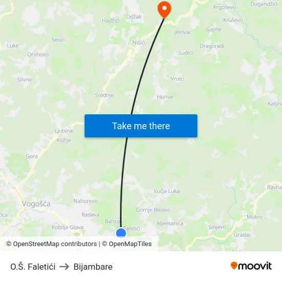 O.Š. Faletići to Bijambare map