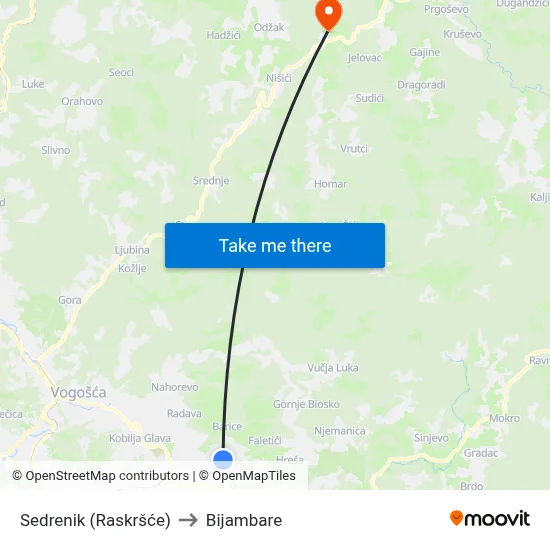 Sedrenik (Raskršće) to Bijambare map