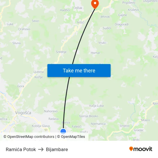Ramića Potok to Bijambare map