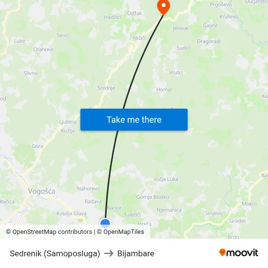 Sedrenik (Samoposluga) to Bijambare map