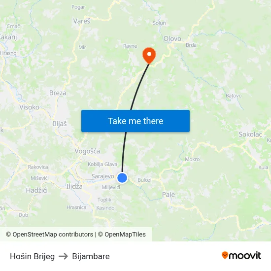 Hošin Brijeg to Bijambare map