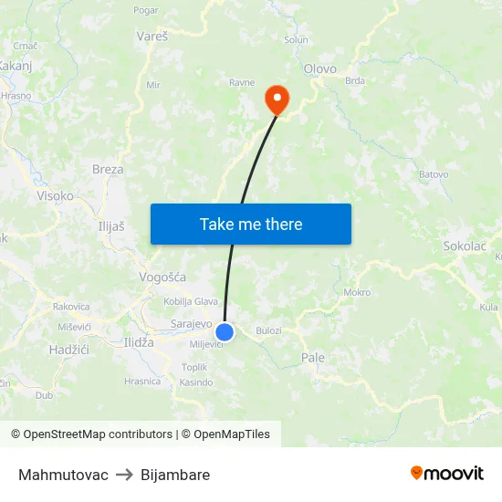 Mahmutovac to Bijambare map