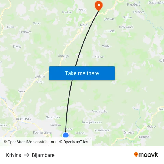 Krivina to Bijambare map