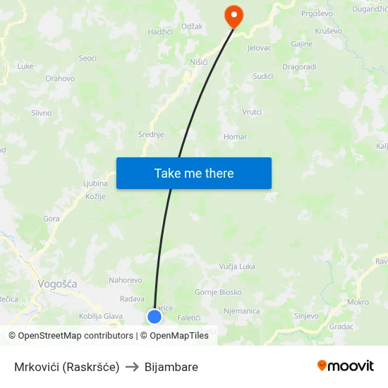 Mrkovići (Raskršće) to Bijambare map