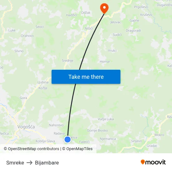 Smreke to Bijambare map