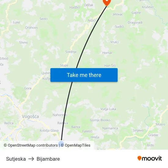 Sutjeska to Bijambare map