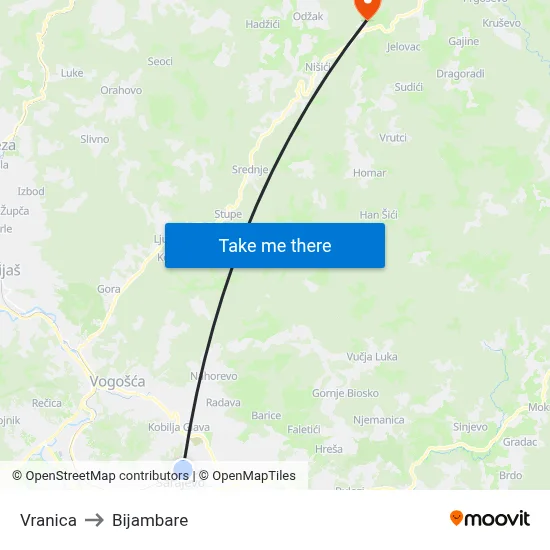 Vranica to Bijambare map