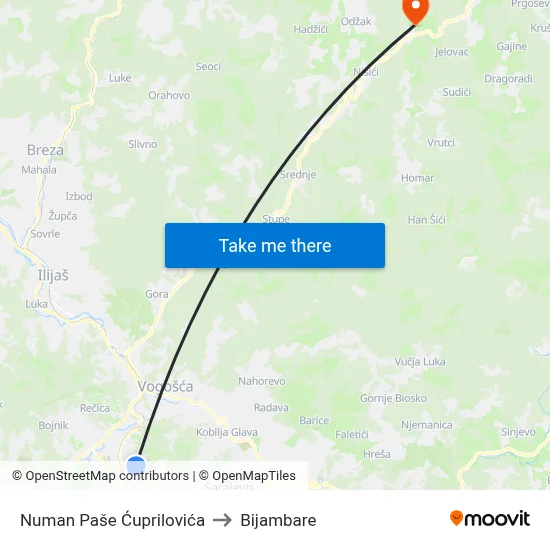 Numan Paše Ćuprilovića to Bijambare map