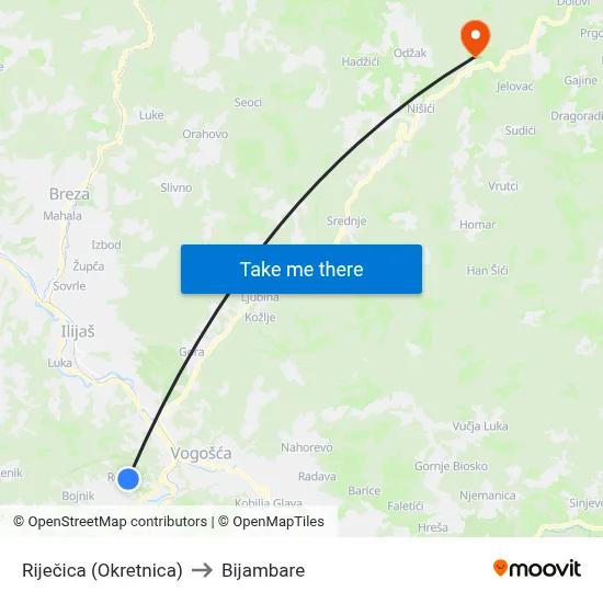 Riječica (Okretnica) to Bijambare map
