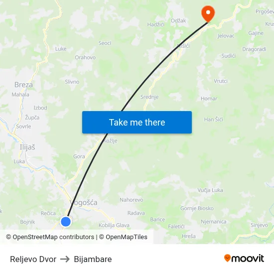 Reljevo Dvor to Bijambare map