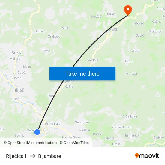 Riječica II to Bijambare map
