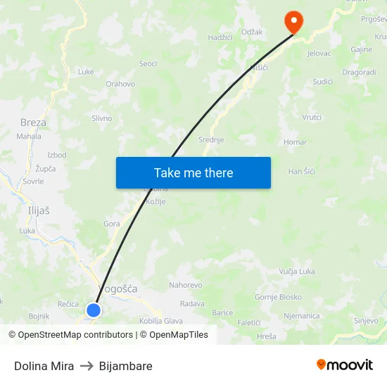 Dolina Mira to Bijambare map