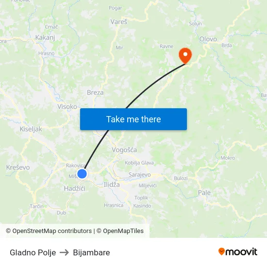 Gladno Polje to Bijambare map