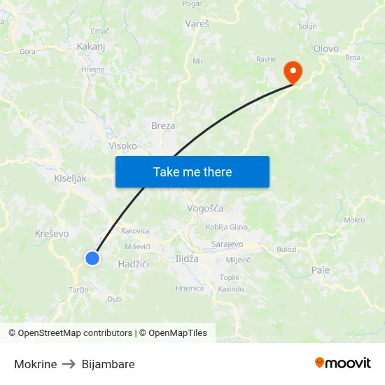 Mokrine to Bijambare map