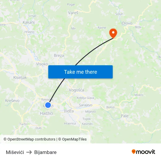 Miševići to Bijambare map