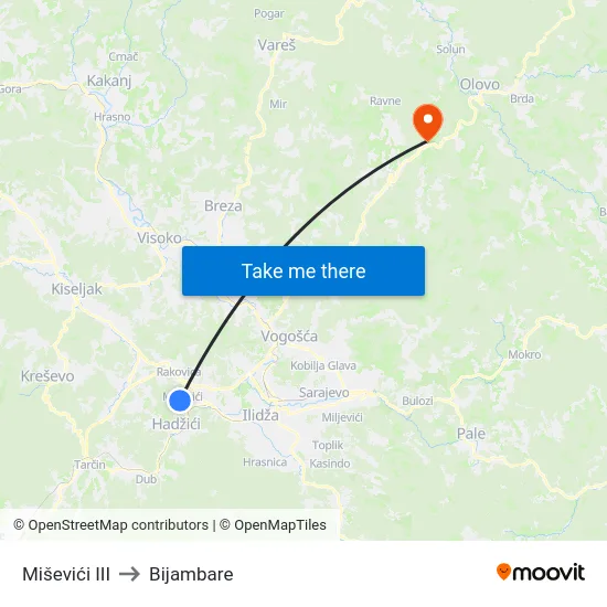 Miševići III to Bijambare map