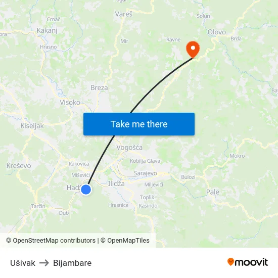 Ušivak to Bijambare map
