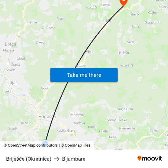 Briješće (Okretnica) to Bijambare map