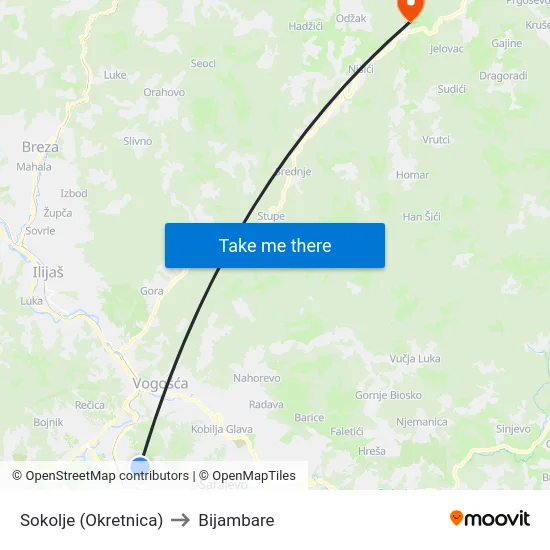 Sokolje (Okretnica) to Bijambare map