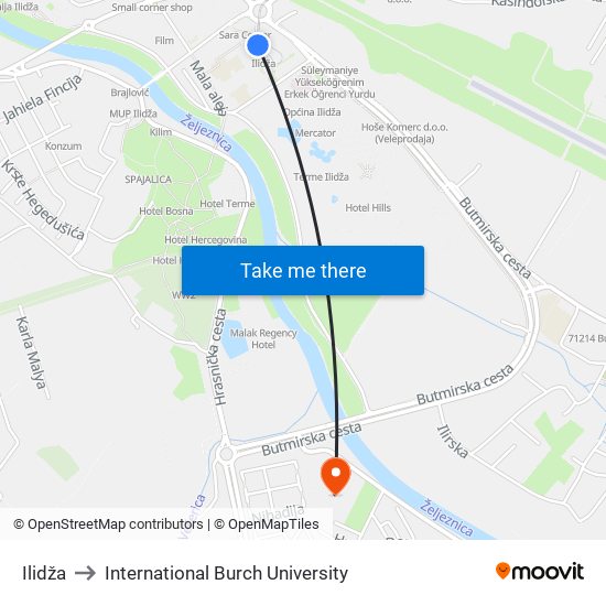Ilidža to International Burch University map