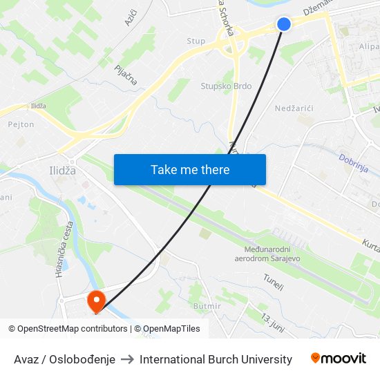Avaz / Oslobođenje to International Burch University map