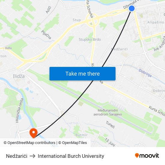 Nedžarići to International Burch University map