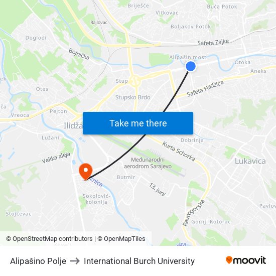 Alipašino Polje to International Burch University map