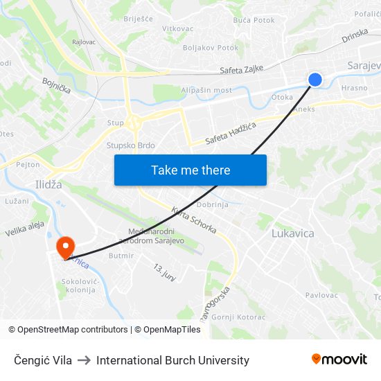 Čengić Vila to International Burch University map
