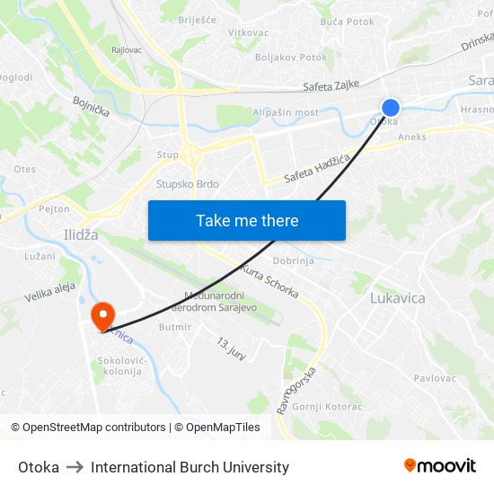 Otoka to International Burch University map