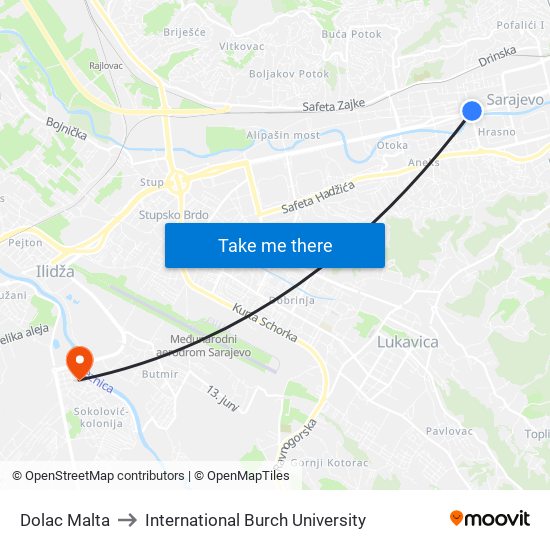 Dolac Malta to International Burch University map