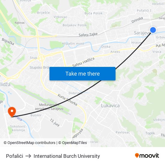 Pofalići to International Burch University map