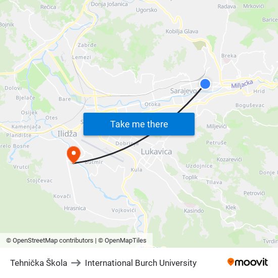Tehnička Škola to International Burch University map