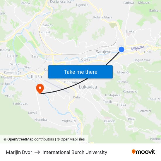 Marijin Dvor to International Burch University map