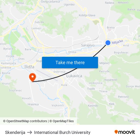 Skenderija to International Burch University map