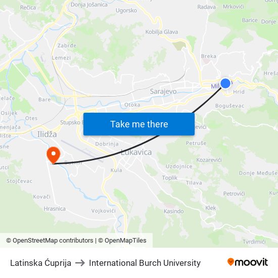 Latinska Ćuprija to International Burch University map