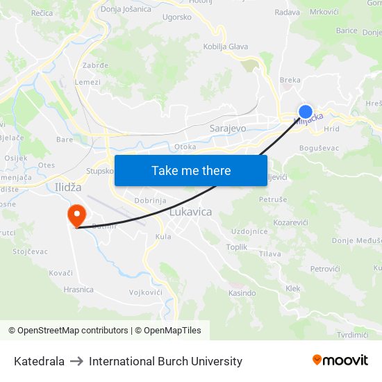 Katedrala to International Burch University map