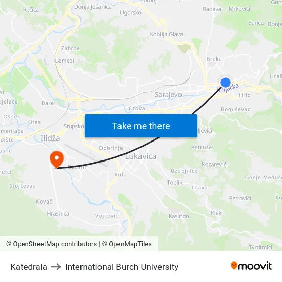 Katedrala to International Burch University map