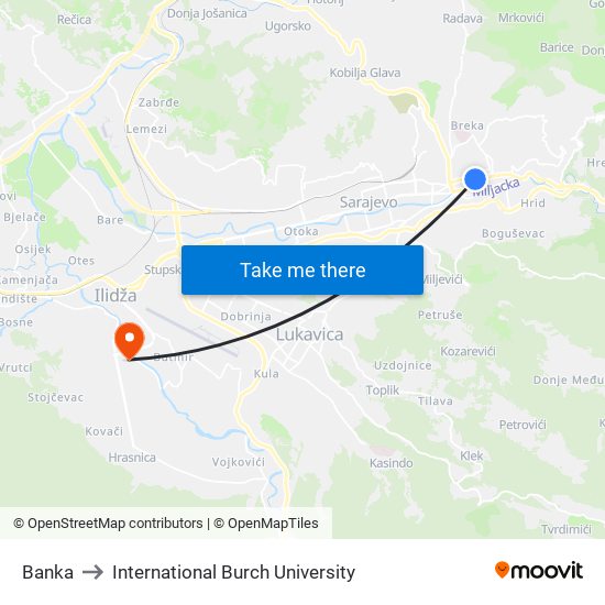 Banka to International Burch University map