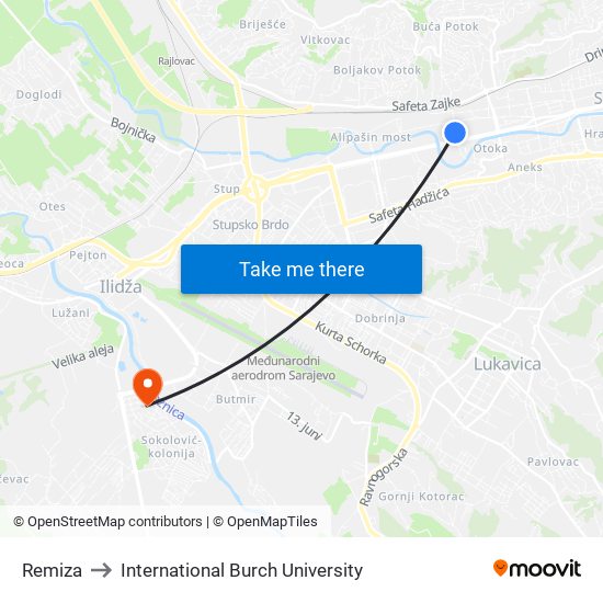 Remiza to International Burch University map