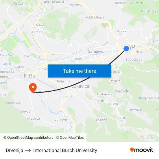 Drvenija to International Burch University map