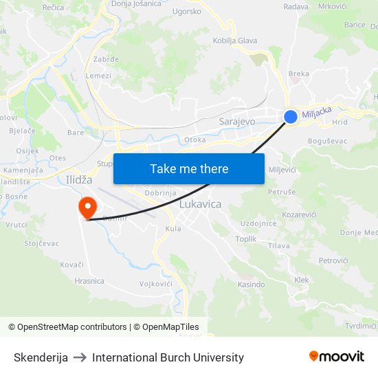Skenderija to International Burch University map