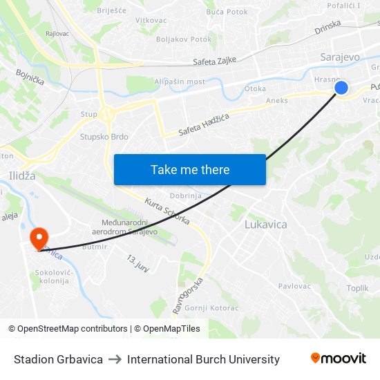 Stadion Grbavica to International Burch University map
