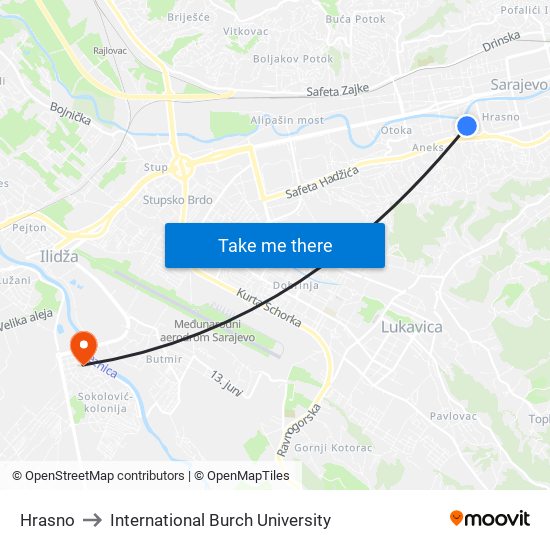 Hrasno to International Burch University map